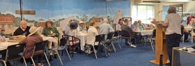 Marion Banyard welcoming the walkers during morning tea